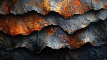 Close-up view of layered, weathered leaves, showing intricate textures, patterns, and color variations of rust, grey and brown tones. photo