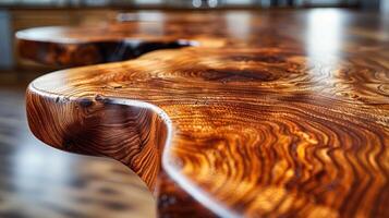 Close-up view of a polished, natural wood table top with intricate wood grain patterns. photo