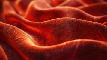 Close-up view of vibrant, deep red fabric with flowing, wavy patterns. Texture, folds, and light create a dynamic, rich visual. photo
