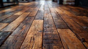 Close-up view of a reclaimed wood floor, showing various shades of brown and dark brown planks. Perspective gives a sense of depth and spaciousness. photo