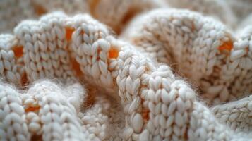 Close-up view of a textured, cream-colored knitted fabric with subtle orange highlights, showcasing intricate patterns and folds. photo