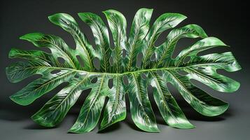Detailed close-up of a vibrant, tropical monstera leaf, showcasing intricate vein patterns and a glossy texture against a dark gray background. photo