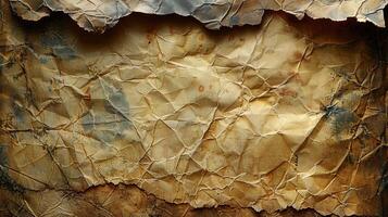 Aged, crumpled, and stained paper texture with uneven edges and creased folds. photo