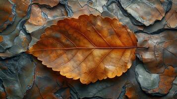 Autumn leaf on textured rock surface. Detailed close-up view of a single, vibrant, autumnal leaf resting on a surface of layered, mottled rocks. photo