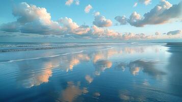 Serene beach scene at sunset with clouds reflected in calm water. photo