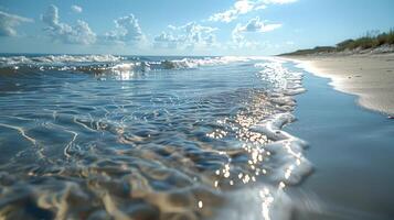 Clear water lapping gently onto a sandy beach on a bright sunny day. photo