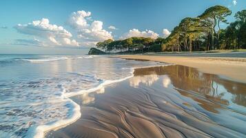Tranquil beach scene at sunrise with gentle waves lapping onto the shore, reflecting the sky and clouds on the wet sand. Lush green trees line the shoreline and cliffs in the background. photo