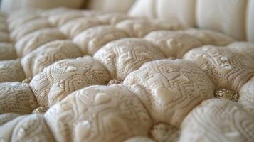Close-up of tufted cream-colored upholstery with decorative patterns. photo