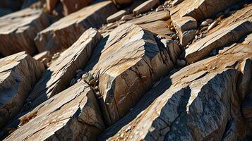 quartzite rock surface under the harsh midday sun, emphasizing the shimmering crystals and reflective surfaces. Include sharp, high-contrast shadows that accentuate the rock's facets. photo