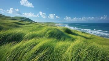 Lush green grass field meets the ocean with waves. Vast expanse of grassy dunes on the coast, bright sunlight and fluffy clouds in the sky. Coastal scenery. photo