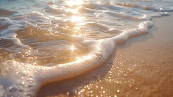 Golden sunlight reflecting on foamy ocean waves gently lapping the sandy beach. photo