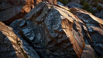 rugged metamorphic rock surface under the soft, cool light of early dawn, showcasing the intricate banding and color variations. photo