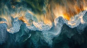 Abstract aerial view of ocean waves with vibrant colors and patterns. photo