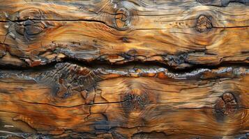 Close-up of weathered, aged wooden plank with intricate wood grain patterns, knots, and cracks. photo