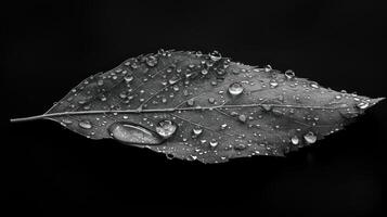 Close-up grayscale image of a leaf covered in water droplets on a dark background. photo