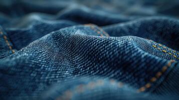 Close-up view of denim fabric texture with folds and stitching. photo