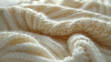 Close-up of soft, textured, cream-colored knitted fabric. Soft, delicate, and warm. photo