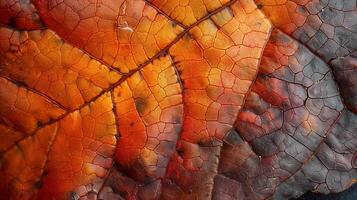 Detailed close-up view of a textured, dried, autumn leaf with vibrant orange and brown hues showing intricate vein patterns. photo