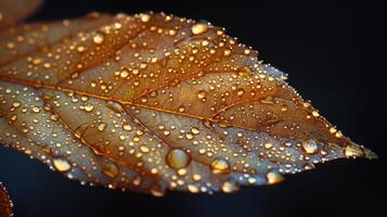 Close-up of an autumn leaf covered in water droplets. photo