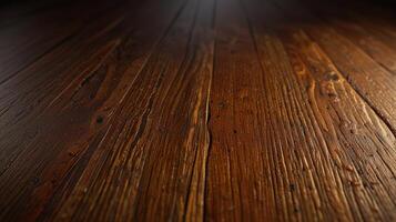 polished teak wood surface with visible grain patterns, illuminated by soft, diffused light. Show the gentle shadows that enhance the rich, golden-brown tones and smooth finish of the wood. photo