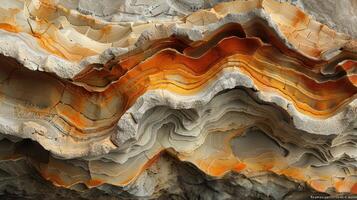Close-up view of intricate, layered rock formations with wavy, orange and gray bands. Detailed patterns of geological strata. photo