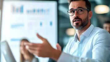 Startup Founder Presenting Business Strategies to Dynamic Team in Modern Office Setting photo