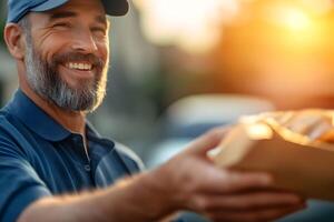 Friendly Delivery Driver Handing Food Package to Happy Customer at Their Home Doorstep photo