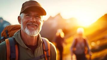 Fit Seniors Hiking in Breathtaking Mountain Landscape Active and Joyful photo