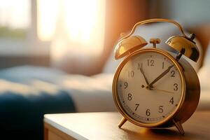 Vintage Brass Alarm Clock on Wooden Bedside Table in Cozy Bedroom photo