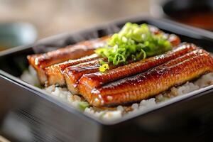 Exquisitely Plated Japanese Bento Box with Grilled Eel and Glossy Tare Sauce photo