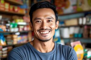 Proud Small Business Owner Smiling Warmly in Front of Their Shop with Natural Lighting photo