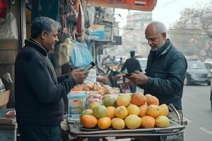 Street Vendor Accepting Mobile Payments via QR Code in Lively Urban Market Scene photo