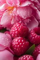Raspberries and Pink Peonies with Water Droplets photo