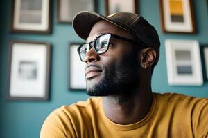 Self Made Entrepreneur Reflecting on Their Inspiring Journey in Cozy Office Surrounded by Framed photo