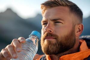 Hiker Pauses to Hydrate During Scenic Mountain Trek with Refreshing Water Break photo