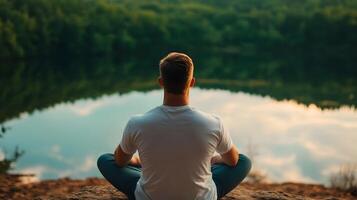 Serene Meditation Overlooking Peaceful Lake Reflecting Nature s Tranquil Beauty photo