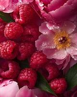 Vibrant Raspberries and Peonies with Water Droplets in High Detail photo