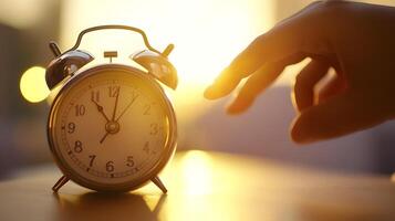 Retro Twin Bell Alarm Clock Ringing in Sunlit Bedroom with Person s Hand Reaching to Turn It Off photo