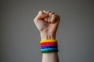 Clenched Fist Raised with Rainbow Wristband photo