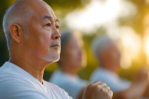 Serene Elderly Asian Man Practicing Tai Chi in Peaceful Garden with Natural Lighting photo