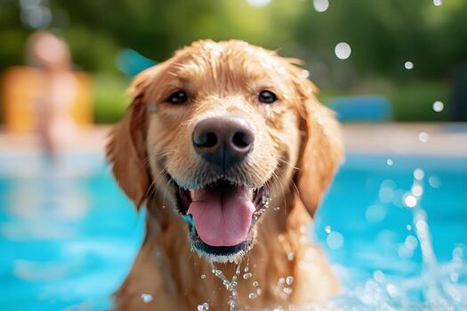 Joyful Golden Retriever Splashing in Backyard Pool with Frozen Water Droplets photo