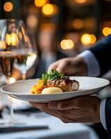 Luxury Fine Dining Experience Gourmet Dish Served by Waiter in Sophisticated Restaurant Setting photo