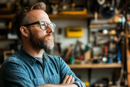 Portrait of a Thoughtful Family Business Owner in Their Workshop photo