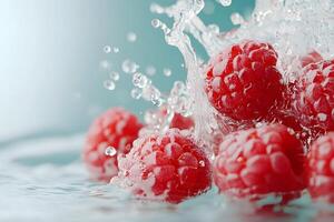 Juicy raspberries plunging into water creating a vibrant splash effect photo