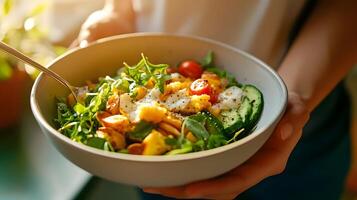 Stylish Wellness Influencer Enjoying a Nutrient Rich Serotonin Boosting Meal in Premium Lifestyle photo