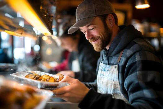 Man Ordering Casual Cafe Meal in Warm Inviting Restaurant Setting photo