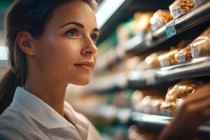 Nutritionist Carefully Selecting Organic Whole Foods at Grocery Store Aisle photo