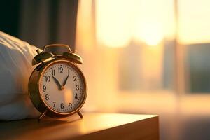 Vintage Brass Alarm Clock on Bedside Table Illuminated by Soft Morning Light photo