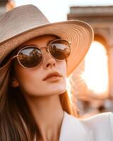 Fashionable Travel Influencer Posing at Iconic Landmark with Confidence and Elegance photo