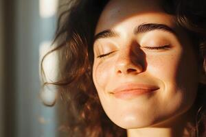 Joyful Person Basking in Warm Sunlight with Eyes Closed and Serene Smile Representing Natural photo